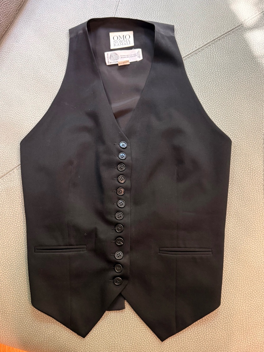 Vintage OMO Norma Kamali Black Wool Long Button Front Vest Waistcoat Size 2
